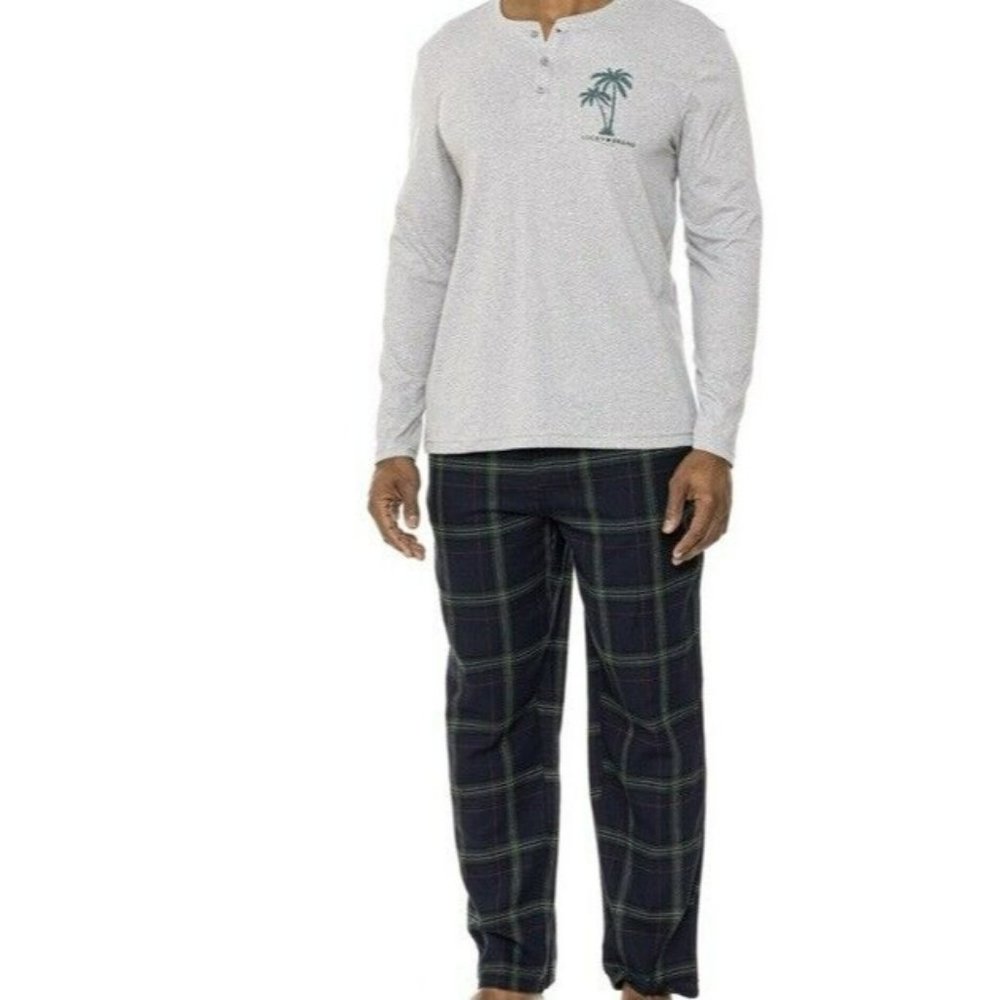 New Lucky Brand Men's 2-Pc‎ Pajama Palm Tree Henley Plaid Flannel Pant Set XL